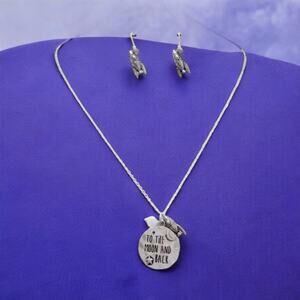 New Silver Love You to the Moon & Back Pendant Necklace Rocket Earrings Set
